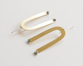 Boucles d'oreilles Minimal Long Turquoise, Boucles d'oreilles Rainbow Stone Gold Rainbow, Boucles d'oreilles Arc géométrique | Boucles d'oreilles Pierre Linu