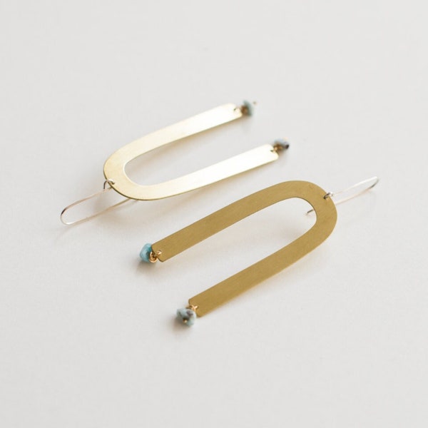 Minimal Long Turquoise Earrings, Pink Stone Gold Rainbow Earrings, Geometric Arc Earrings | Linu Stone Earrings