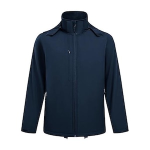 May include: A solid navy blue softshell jacket featuring a high collar, a full-length front zipper, and a vertical zippered chest pocket. The jacket includes long sleeves with adjustable cuffs and a detachable hood with hook-and-loop fasteners.