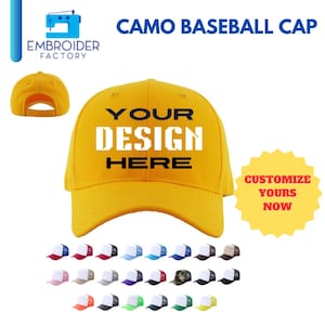 May include: A yellow baseball cap with the text "YOUR DESIGN HERE" in black. The cap is a blank canvas for customization. A variety of colors are available for the mesh back of the cap.