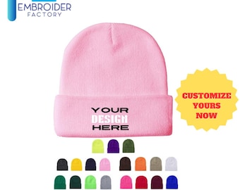 Custom Long Knit Beanie for Men and Women, Personalize Stretchable Hat - Pink by Embroider Factory