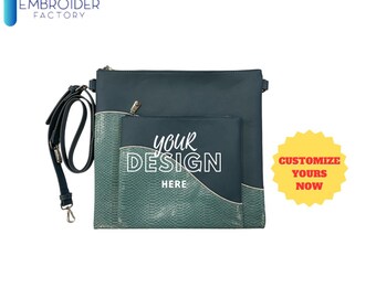 Bolsa para talit y tefilín Ocean Wave: bolsa de cuero sintético con diseño de olas azules, personalizable por Embroider Factory, incluye correa