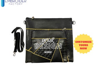Bolsa negra para talit y tefilín: piel sintética, diseño geométrico, personalización de Embroider Factory, incluye correa