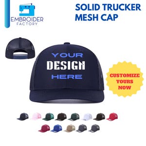 Custom trucker mesh pet voor heren en dames - gepersonaliseerde geborduurde truckpet verstelbare snapback, gepersonaliseerde hoeden, marineblauw