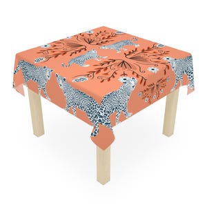 Oranje chinoiserie-tafelkleed met luipaardprint, mahjong lunchkaarttafel polyblend hoes, Chinese rand, trendy klassiek