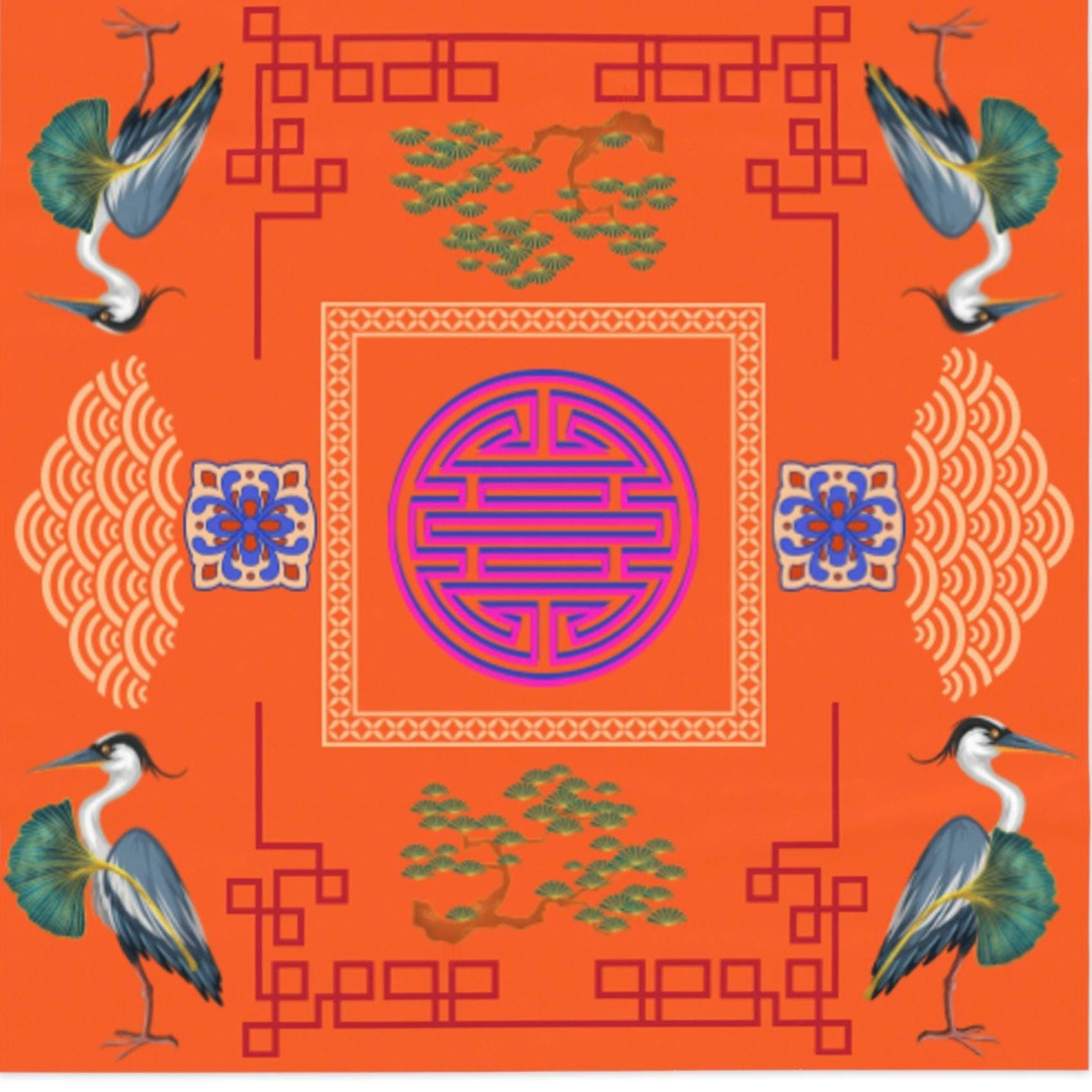 Orange Mahjong Chinoiserie Tablecloth or mat Asian Game Night Square Card table, Trendy Design, Mahjong  Tablescape, Great for Parties