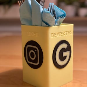 Interaktiver Bestecksammler oder Blumenvase mit Social Media Logos | Gelb Leuchtend, NFC-Verknüpfung | Perfekt für Gastro, Hotels & Messen