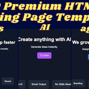May include: A digital graphic promoting "10 Premium HTML Landing Page Templates." The image is divided into three sections with dark blue backgrounds. Each section has a call to action button. The text includes "Saas," "AI," and "agency."