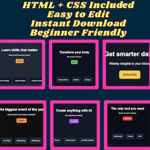 Könnte beinhalten: Eine digitale Grafik mit dem Text „HTML + CSS Included, Easy to Edit, Instant Download, Beginner Friendly“. Darunter zehn pink umrandete Kästchen mit verschiedenen Textaufforderungen, darunter „We grow your business“ und „Get smarter dai“.