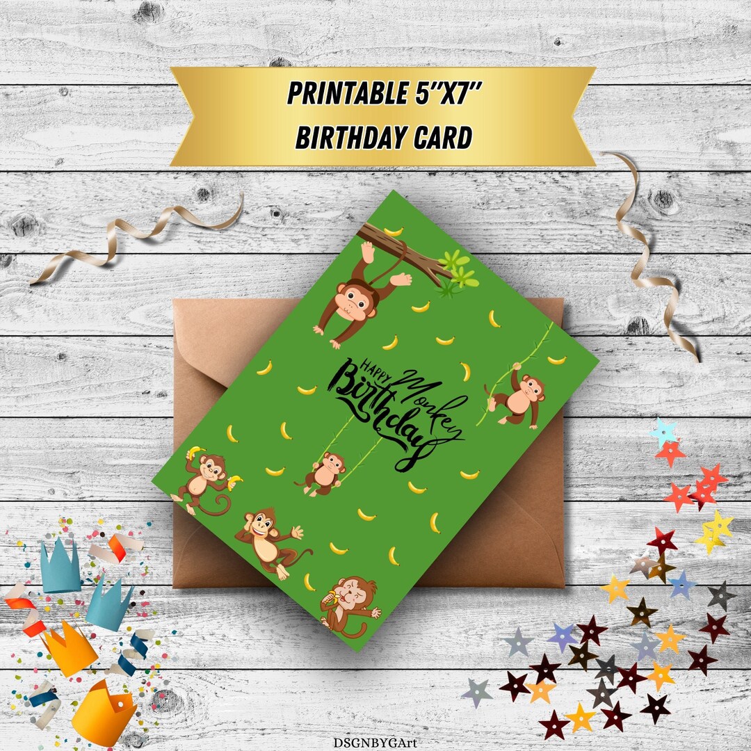 Printable Birthday Card, Monkey Birthday Card, Birthday Card Print, Happy Birthday Card, Digital ...