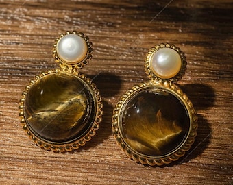 Vintage Tiger Eye Earrings: Gold Tone & Freshwater Pearl
