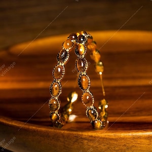 Tiger&#39;s Eye Hoop Earrings gold Statement Vintage Style