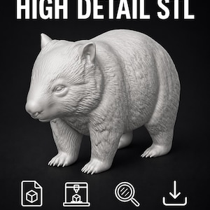 Puede incluir: Modelo 3D de un wombat blanco con el texto "HIGH DETAIL STL". Debajo, iconos con los textos "STL FILE", "READY TO PRINT", "HIGH DETAIL" e "INSTANT DOWNLOAD".