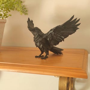 Striking 3D Printed Raven Sculpture – Dark Geometric Art Piece