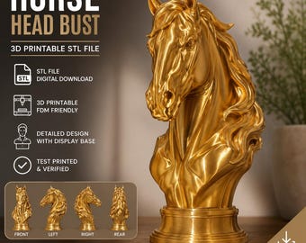 Busto di testa di cavallo in formato STL / Scultura equina stampabile in 3D (Download digitale)