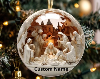 Custom Nativity Christmas Ornament, White Nativity Scene Christmas Ornament, Holy Family Manger Scene, Jesus Ornament, nativity 3D Effect
