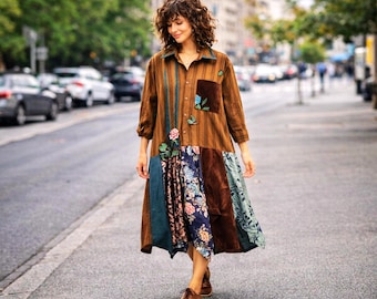 Upcycled Patchwork Shirt Midi Dress, Wearable Art, Relaxed Fit, Mori Kei Boho Dress.