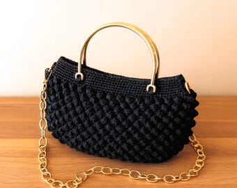 Crochet Black Handmade Purse, Elegant Top Handle Evening  Bag With Gold Chain