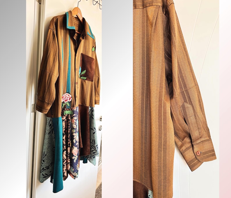 Upcycled Patchwork Shirt Midi Dress, Wearable Art, Relaxed Fit, Mori Kei Boho Dress. image 6