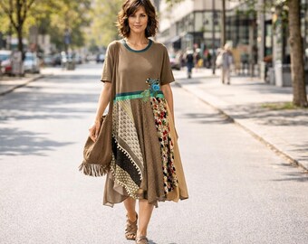 Upcycled Patchwork Midi Dress One Of A Kind Plus Size Boho Flowy Clothing.