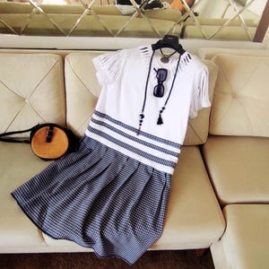 Upcycled T-Shirt Midi Dress: White Cotton with Navy Gingham