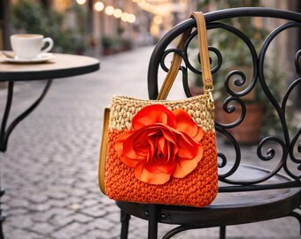 Orange Floral Raffia Mini Bag, Handmade Boho Crochet Purse.