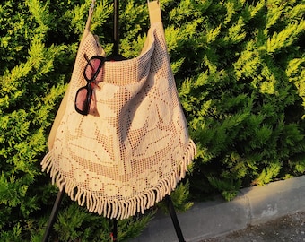 Vintage Lace Crossbody Bag Large, Upcycled Boho Linen Shoulder,  Romantic Crochet Purse with Pockets.