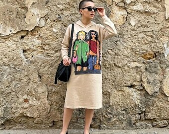 Upcycled Midi Hoodie Dress - One Of a Kind Cotton Jersey, Handmade Oversize Sweatshirt  Dress