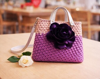 Small Crochet Raffia Bag, Handmade  Floral Boho Purse.
