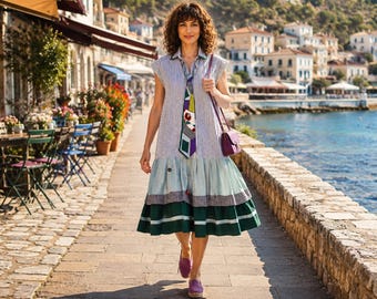 Upcycled Reworked Midi Shirt Dress, Oversize Artisan Cotton Wearable Art Patchwork Necktie Design