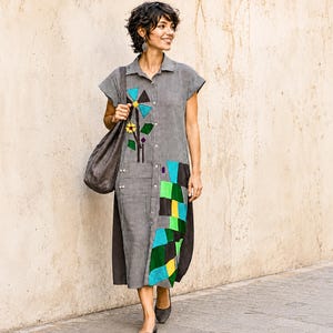 Upcycled Patchwork Shirt Midi Dress, Wearable Art, Relaxed Fit, Chic Boho Dress