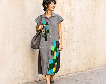 Upcycled Patchwork Shirt Midi Dress, Wearable Art, Relaxed Fit, Chic Boho Dress