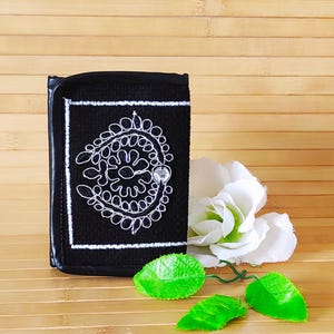 Womens Trifold Wallet - Compact Black Faux Leather Mini Wallet - Slim Handmade Coin Purse - One Of a Kind Gift For Her.