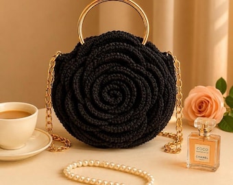 Black Rose Crochet Bag, Round Floral Purse, Chic Handmade Crossbody with Gold Chain.