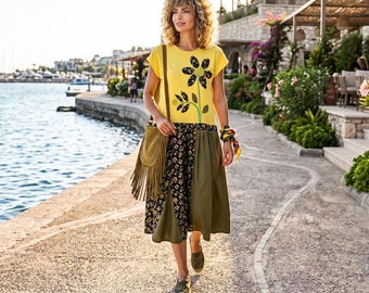 Upcycled Patchwork Midi Dress, Floral Cotton Art to Wear Frock, Boho Style L-XL
