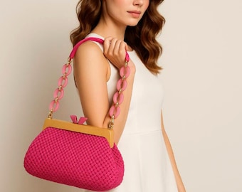 Handmade Crochet Raffia Bag, with Solid Wood Handle, Chic Pink Vacation  Clutch.