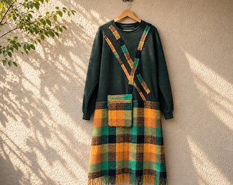 Upcycled Patchwork Midi Dress, Green Sweatshirt Dress, with Plaid Skirt, Frayed Details, Zipper Pocket.