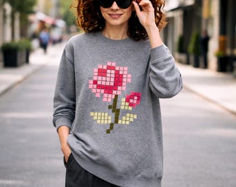 Flower Applique Sweatshirt for Women, Handmade Rose Detail Cozy Gray Crewneck.