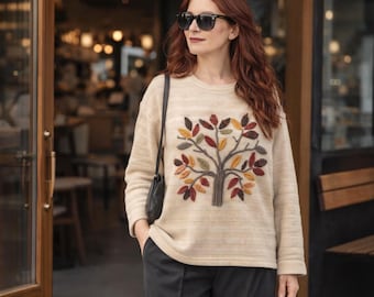 Hand Embroidered Women's Pullover Sweater, Fine Knit Top, Beige Ribbed, 3D Tree Design, Soft.