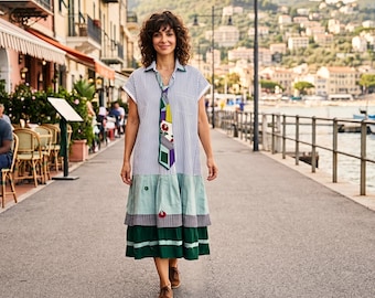 Upcycled  Midi Shirt Dress, Oversized Patchwork Midi with Removable Necktie, One of a Kind