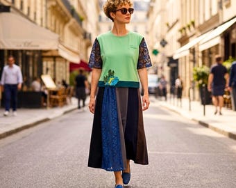 Reworked Green Patchwork Dress, Upcycled Boho Midi, Unique Lace Sleeve, Relaxed Fit Apparel.