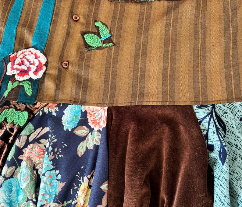 Upcycled Patchwork Shirt Midi Dress, Wearable Art, Relaxed Fit, Mori Kei Boho Dress. image 11