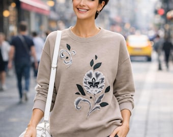 Applique Flower Upcycled Sweatshirt with Hand Sewn Details and Slow Stitched Crewneck.