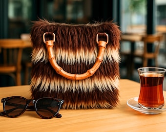 Faux Fur Crossbody Bag with Bamboo Handle. Statement Winter Bag.