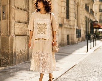 Upcycled Lace T-Shirt Dress, Vintage  Midi Relaxed Cotton Boho Dress, One of a Kind.