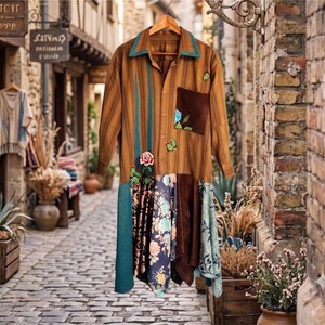 Upcycled Patchwork Shirt Midi Dress, Wearable Art, Relaxed Fit, Mori Kei Boho Dress. image 4