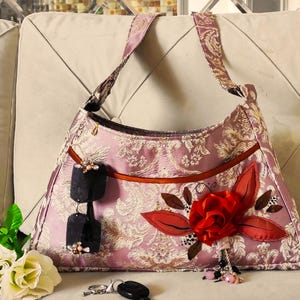 Upcycled Pink Floral Hobo Bag - Handmade Fabric Tote with Long Straps - Eco-Friendly and One Of a Kind Crossbody Bag - Free Ekspress Ship.