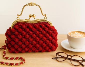 Red Crochet Kiss Lock Purse,  with Vintage Gold Frame & Detachable Chain