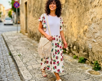Reworked Tee Midi Dress, Floral Boho Chic One of a Kind Upcycled Wearable Art.