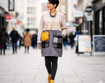 Reworked Boho Tunic Sweatshirt - Plaid Pocket,  Hand Stitched Embroidered,  Long Sleeve Cozy Top